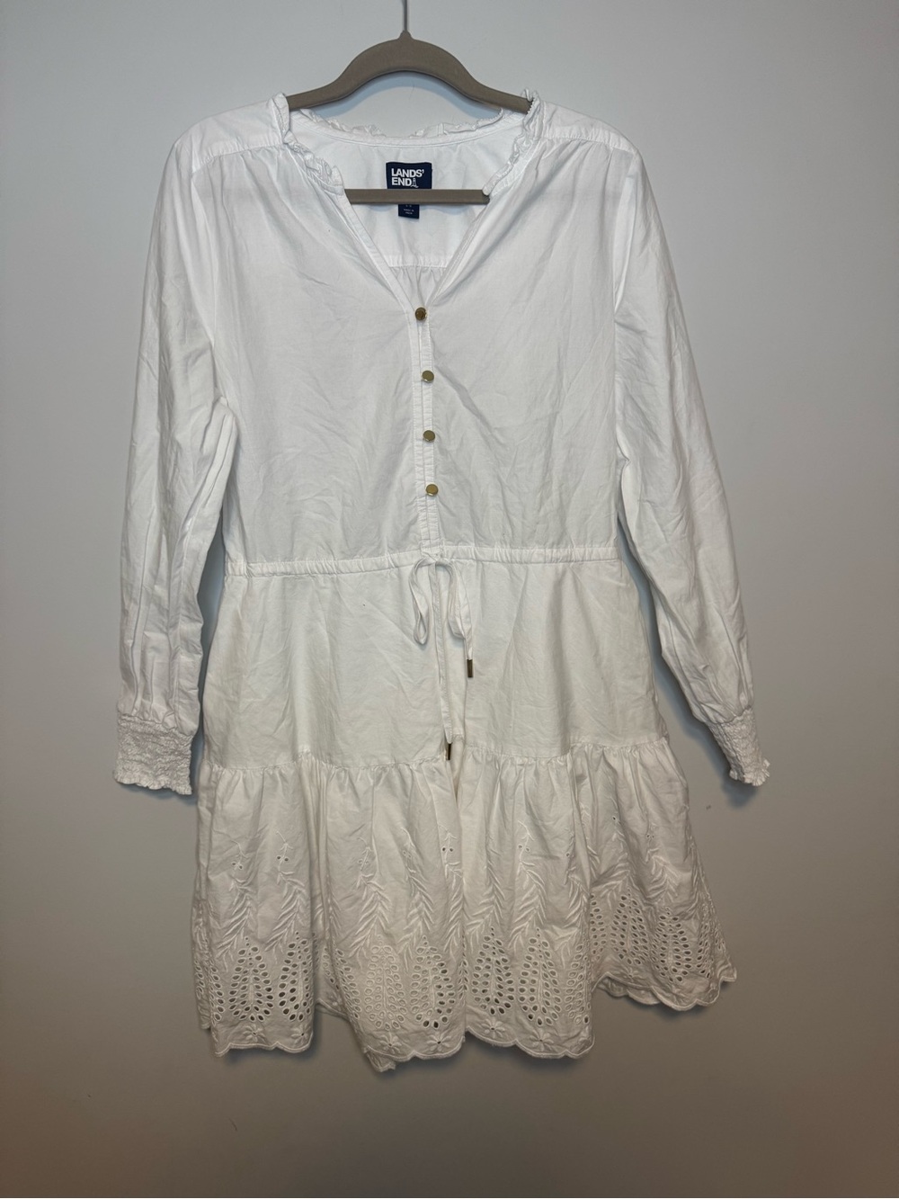 Lands' End White Long-Sleeve Eyelet Tiered Dress